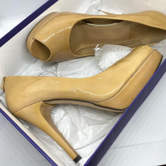 Stuart Weitzman beige platform peep toe pumps heels size 7.5 Nulille Adobe Anili - Picture 9 of 11